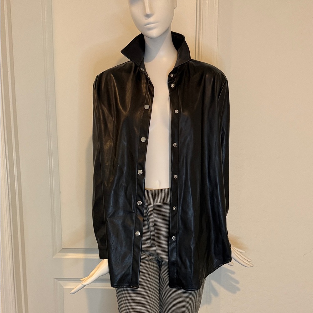 Prettylittlething Black Pleather Button-Down Shirt - image 1